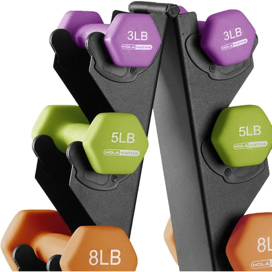 2, 3, 5, 8, and 10 Pound Neoprene Dumbbell Free Hand Weight Set with Rack, Ideal for Home Exercises to Gain Tone and Definition