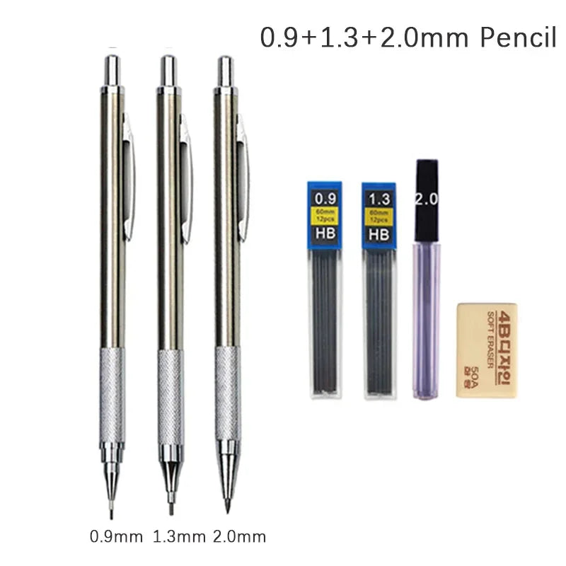 0.3 0.5 0.7 0.9 1.3 2.0mm Mechanical Pencil Set Full Metal Art Drawing Painting Automatic Pencil with Leads Office School Supply